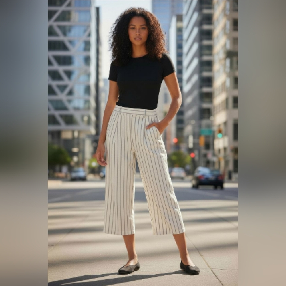 Apt. 9 Women's Stripe Wide-Leg Crop Mid Rise Casual Pants W/ Pockets Size XL